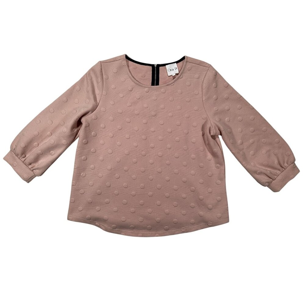 Gray LA Womens Pink Polka Dot Textured Top Size Large Back Zip 3/4 Sleeve Casual